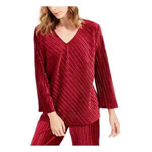 ALFANI Womens Red Ribbed Long Sleeve V Neck Top S